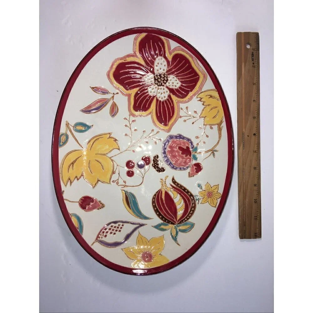 Dutch Wax Floral Platter Artistic Accents Embossed Red Flower Ceramic Coastline - Picture 2 of 4